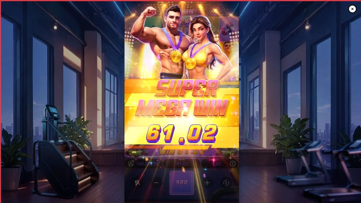 Tampilan visual slot Mighty Mania dengan tema kebugaran dan gym