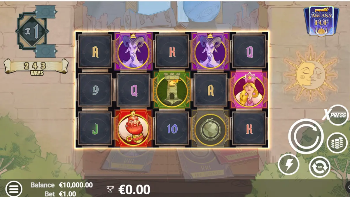 Tampilan visual slot Arcana Pop dengan tema tarot dan simbol mistis
