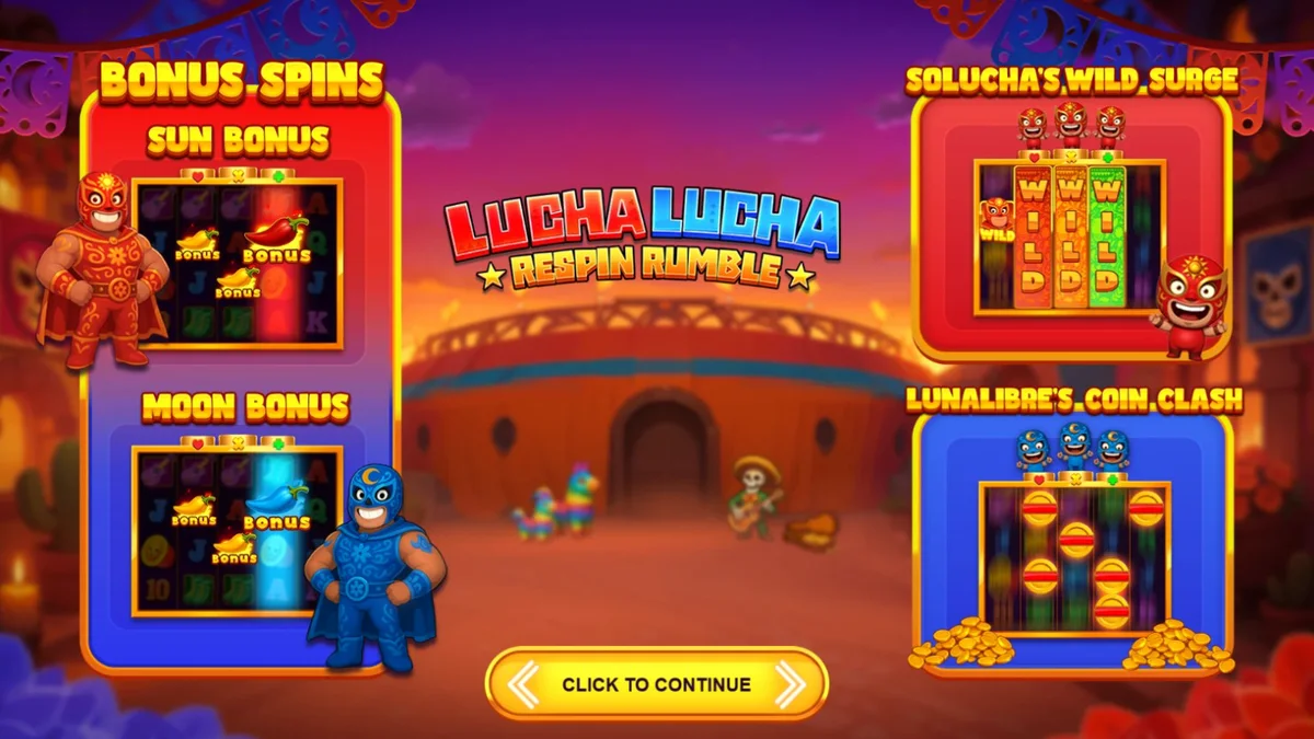 Lucha Lucha Respin Rumble slot game screen featuring colorful Mexican wrestling masks and festive symbols.